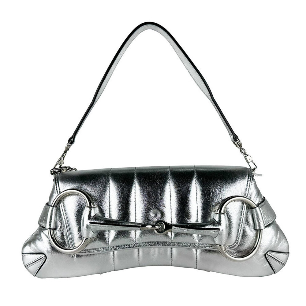 Gucci shoulder bag, horsebit design, leather, silver, women's, 764255 z10775